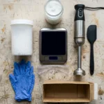 Beginner soap making kit laid out on a workbench