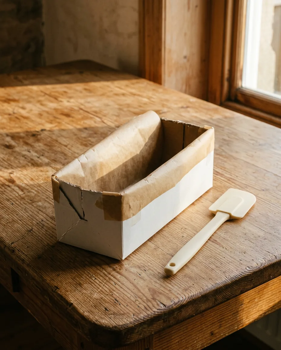 A cardboard carton cut down and lined with parchment paper to make a soap loaf mould, sitting on a pine table next to a silicone spatula