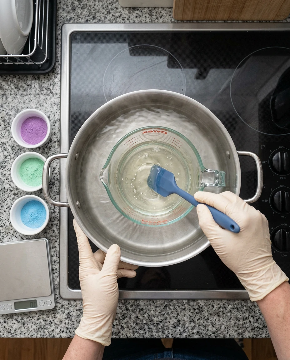 Glycerin soap base melting in a glass jug set in a double boiler, with bowls of pastel mica powder nearby