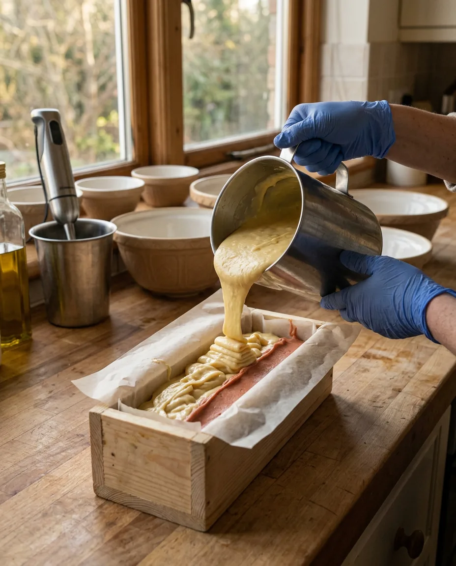 Gloved hands pouring thick pale soap batter from a steel jug into a parchment-lined wooden loaf mould, beside a stripe of terracotta clay batter already poured