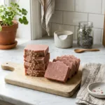 Stacked and fanned dusty pink handmade soap bars flecked with rolled oats on a pale wooden board, on a white marble kitchen counter beside a geranium in a terracotta pot