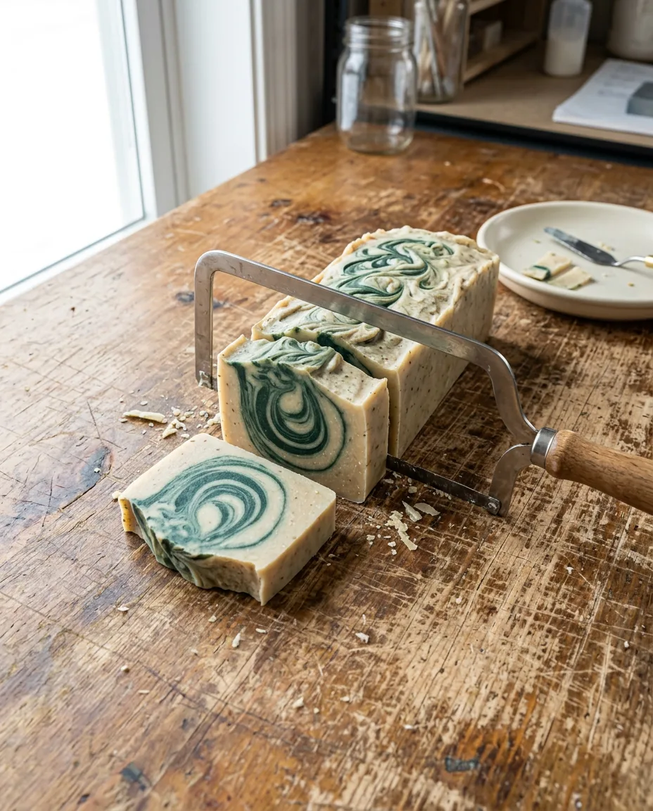 A cream and green swirled cold process soap loaf part-way through being cut with a stainless wire cutter on a scratched wooden workbench