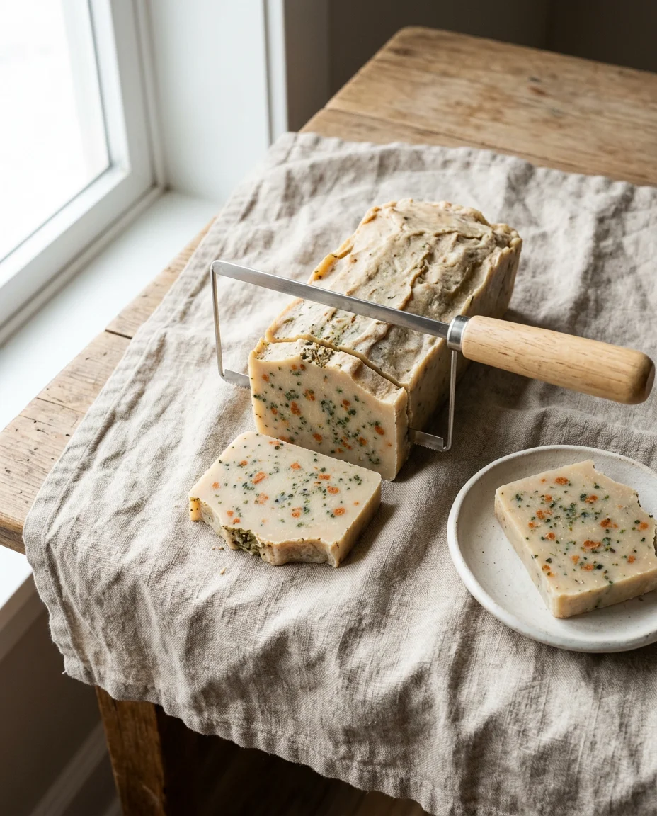 A soap loaf mid-cut with a wire cutter, showing a cross-section of scattered colored dots against a pale background