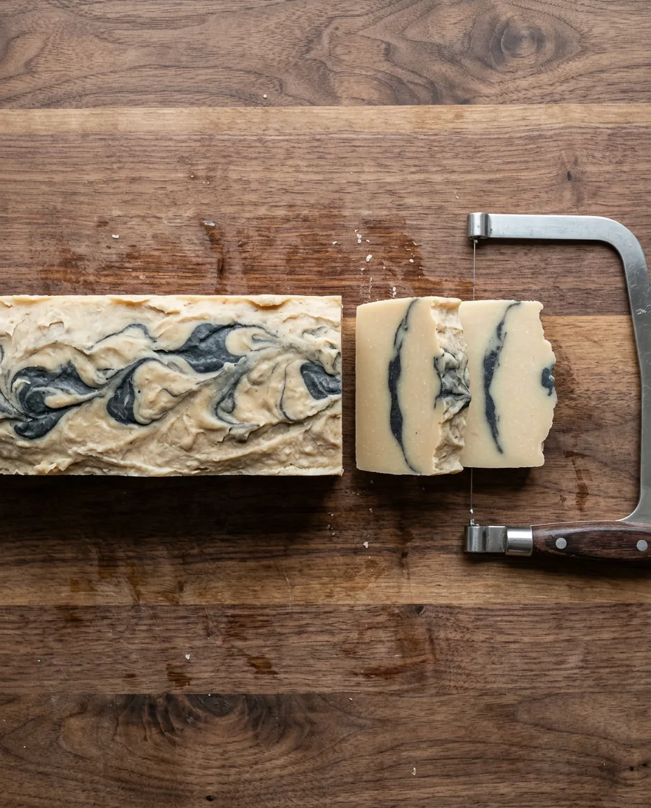 Overhead view of a cream coloured soap loaf with a charcoal grey swirl, two bars already cut from the end, a stainless steel wire soap cutter resting beside it on an oiled walnut workbench