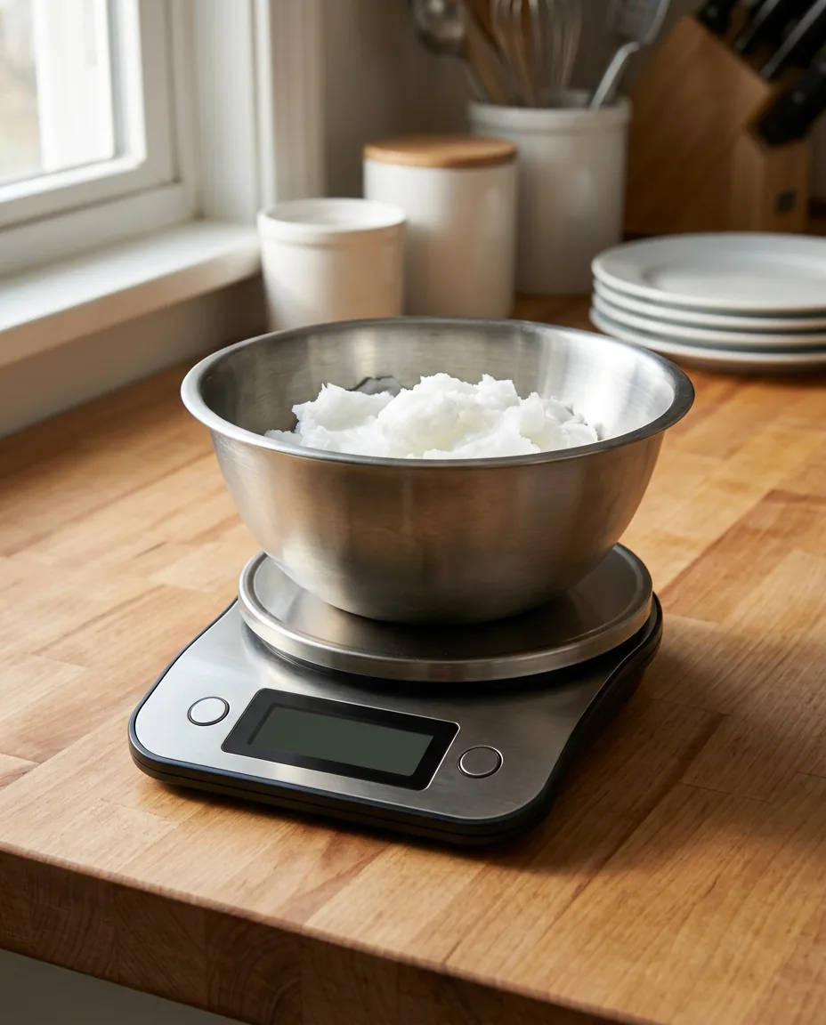 A digital kitchen scale on a butcher-block counter with a stainless steel bowl of solid white coconut oil on the platform