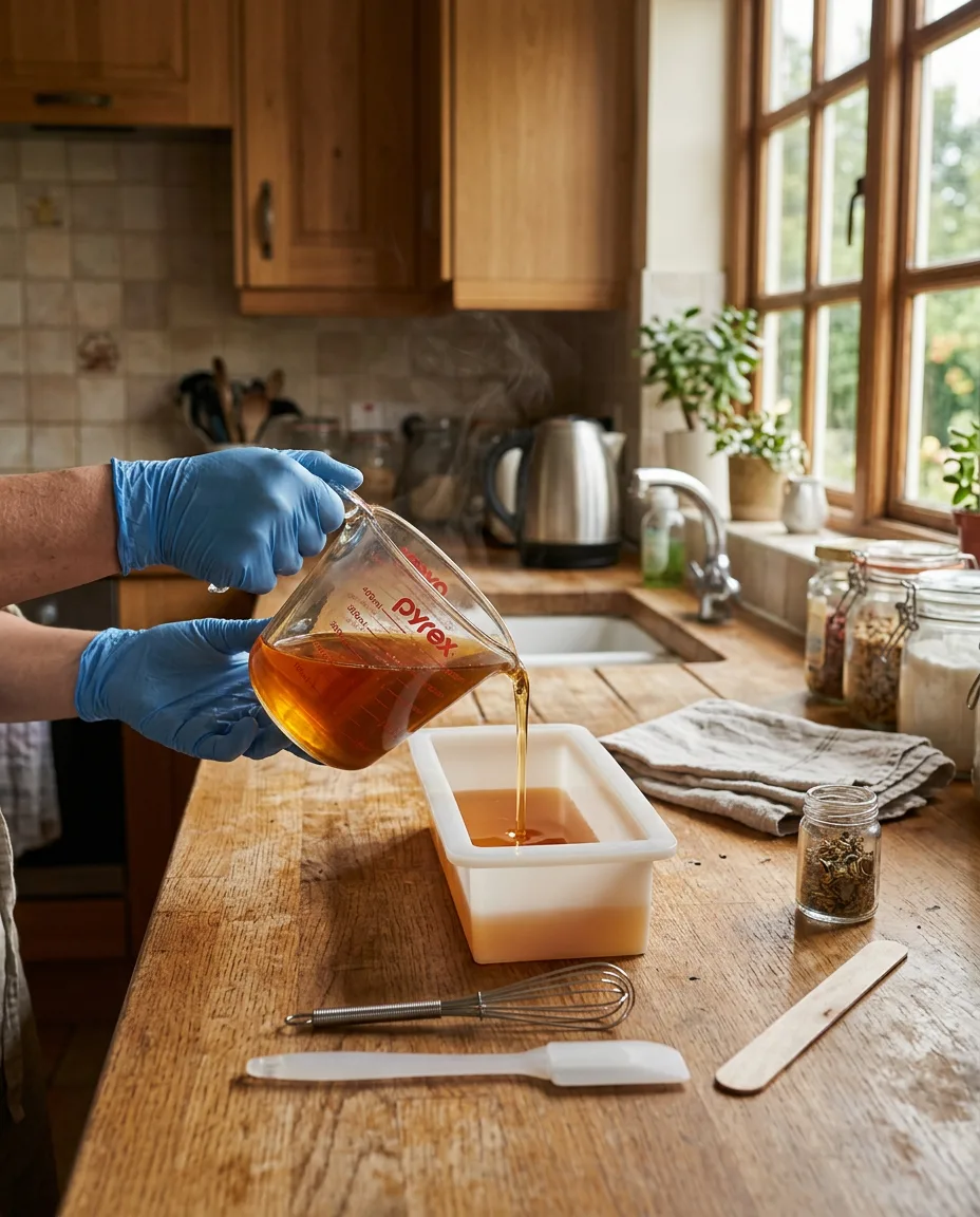 Gloved hands pouring melted amber-tinted soap base into a silicone loaf mold on a wooden kitchen workbench