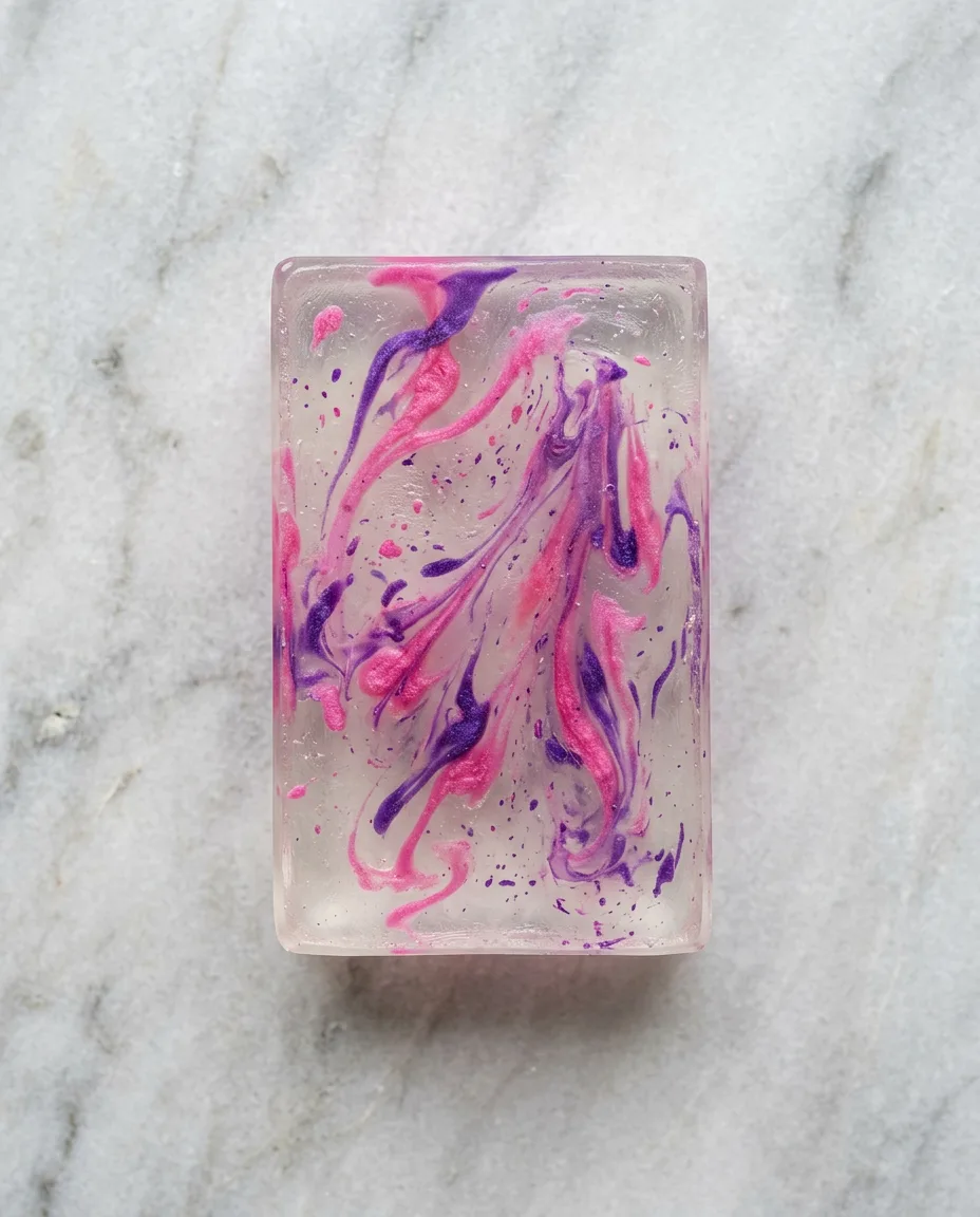 Overhead view of a melt and pour soap bar with uneven pink and purple mica streaks across its surface