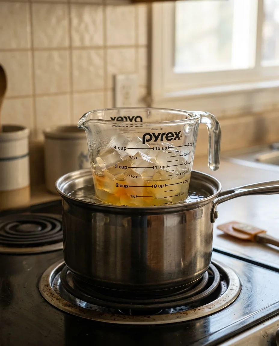 Clear soap base cubes turning slightly amber and yellow in a glass measuring cup over a double boiler on a stovetop