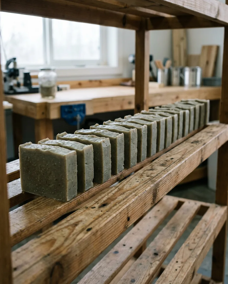 A row of finished soap bars with a dull, uneven grey-green colour cooling on a wooden drying rack