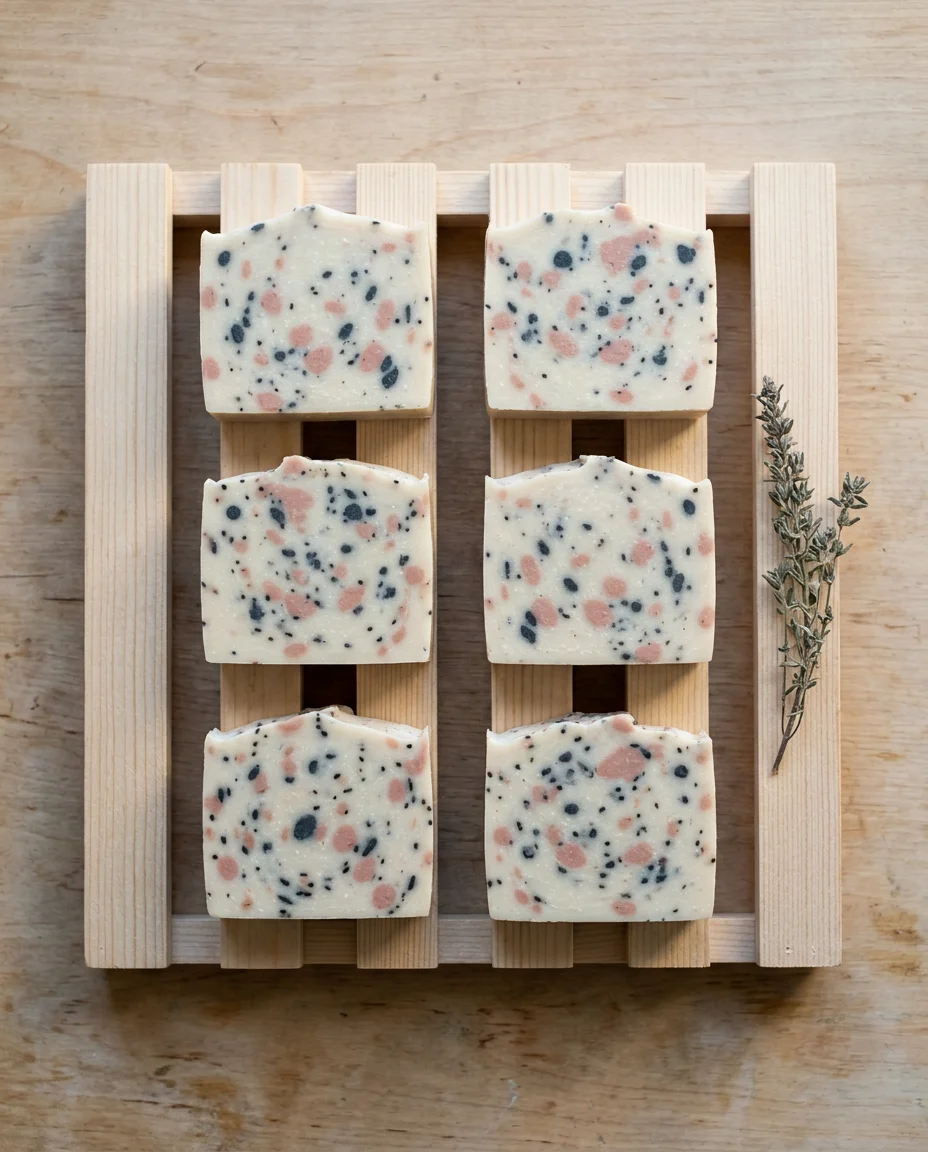 Finished bars of nonpareil swirl soap fanned out on a wooden rack, showing scattered dots of color in cross-section