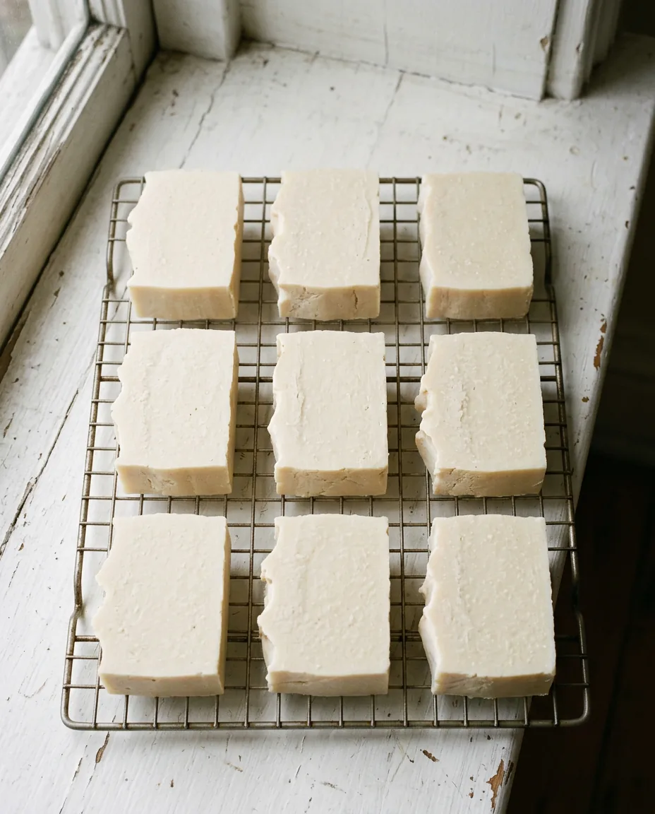 Nine plain cream-coloured soap bars with hand-cut edges standing spaced apart on a wire rack