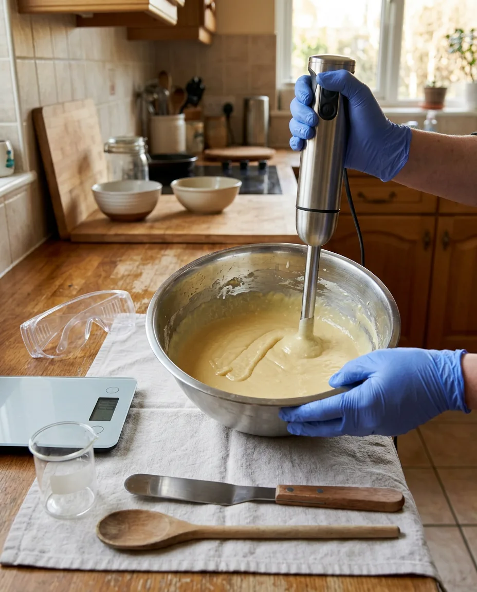Blue-gloved hands guiding a stick blender through pale yellow soap batter in a stainless steel bowl, leaving a raised trail, with clear safety goggles and a blank digital scale on the wooden counter alongside