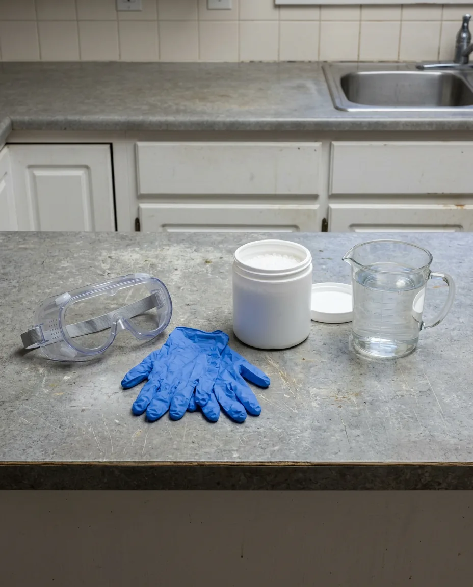 Splash goggles, blue nitrile gloves, an open plain tub of white lye beads and a glass jug of water on a grey kitchen counter