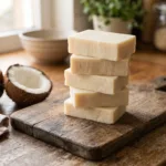 Stack of plain pale handmade coconut oil soap bars on a wooden board