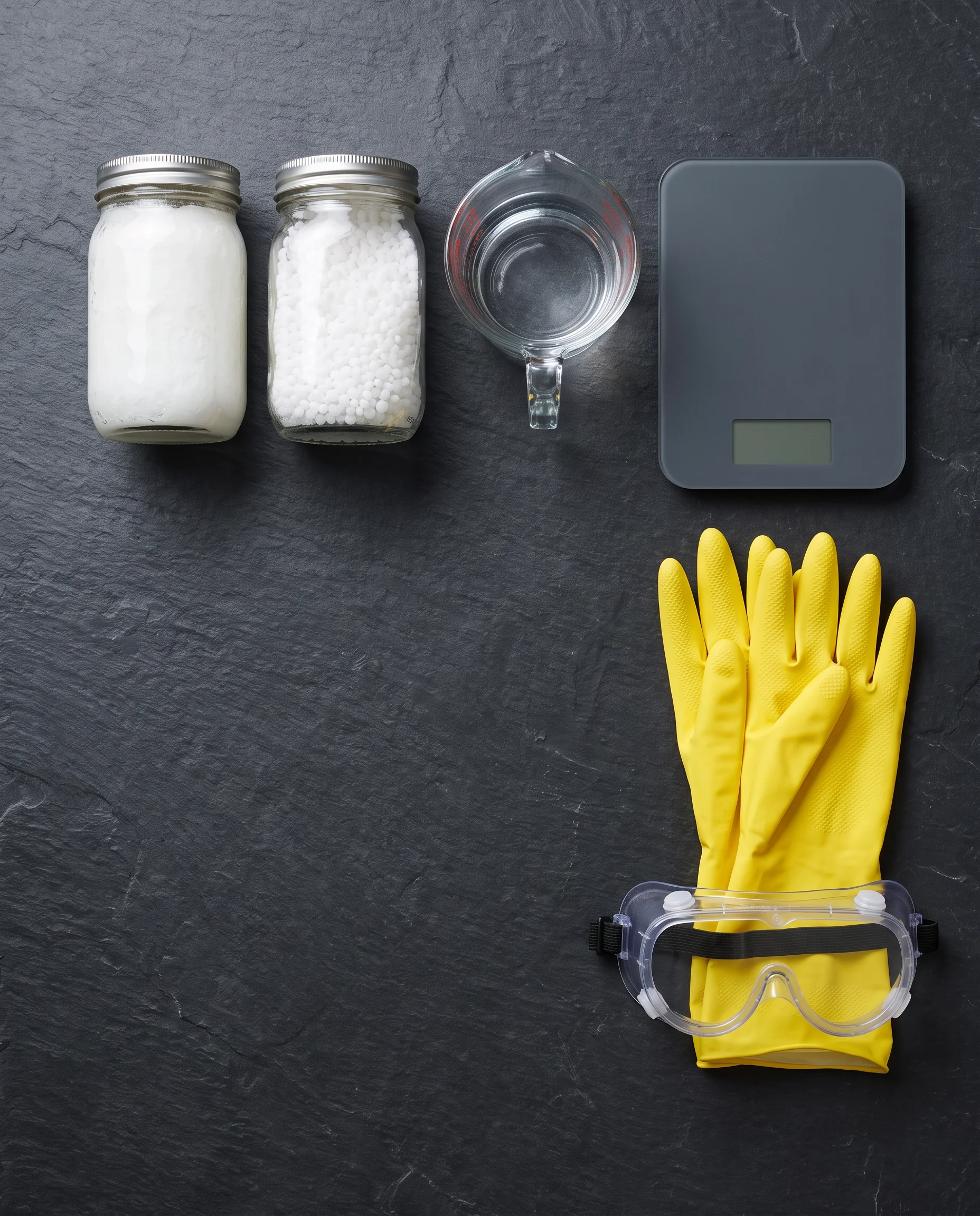 Unlabelled jars of coconut oil and lye beads, a measuring cup of water, a digital scale, rubber gloves and safety goggles on a counter