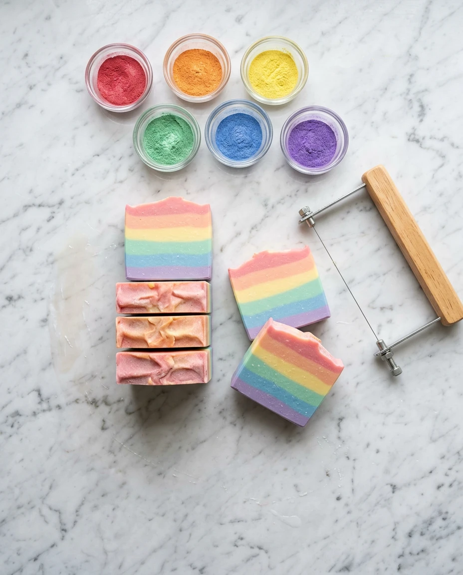 Rainbow layered melt and pour soap bars stacked, showing striped cross-sections