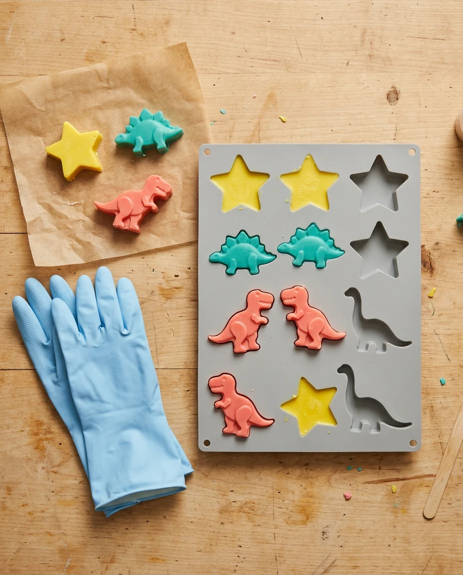 Silicone mold with star and dinosaur shaped melt and pour soap bars in yellow, teal and coral
