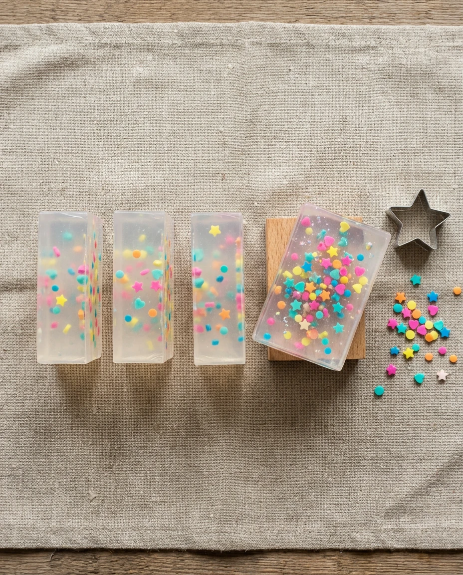 Clear melt and pour soap bars with colorful soap confetti shapes suspended inside