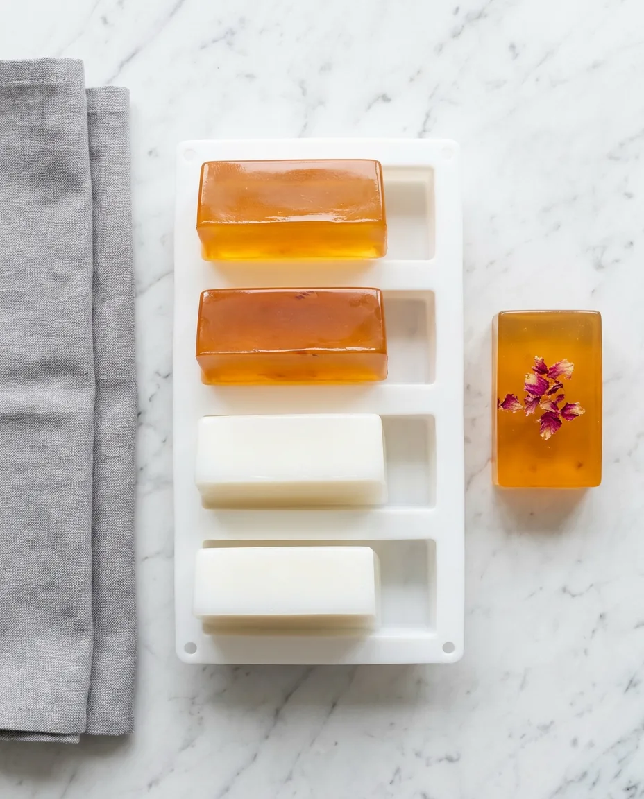 Four melt and pour bars, two clear amber and two opaque white, half lifted out of a white silicone mould on a marble counter, with a fifth amber bar holding dried rose petals beside it