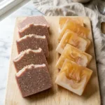 Rose-clay cold process bars with oat-flecked tops fanned beside glossy amber and white melt and pour bars on a wooden board