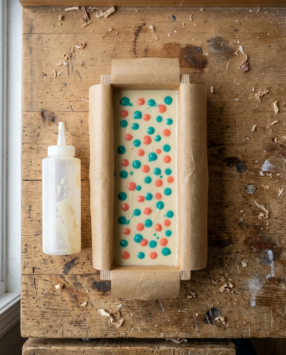 Overhead view of a lined soap loaf mold with small dots of colored batter dropped across a pale base