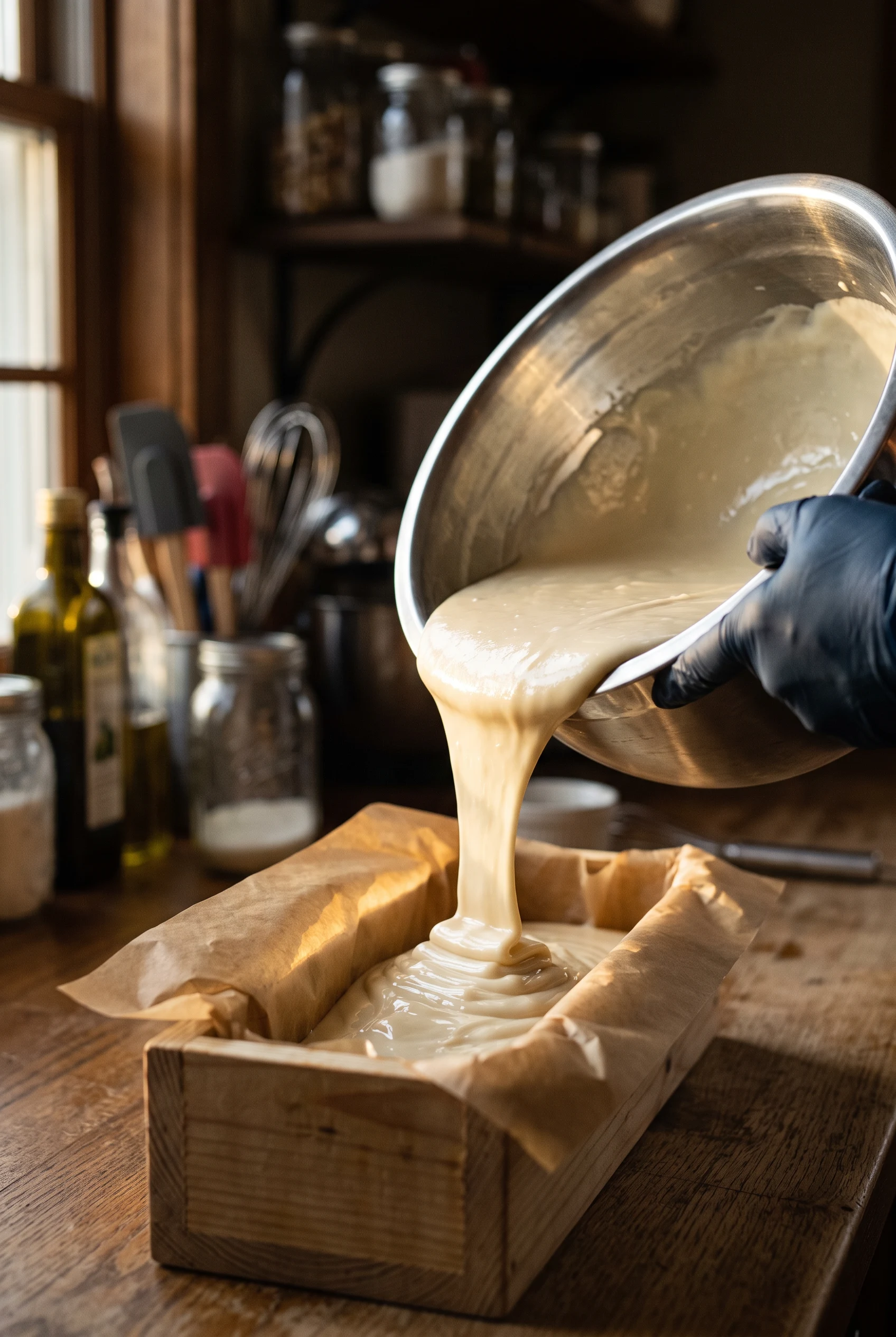 Gloved hands pouring pale soap batter at trace into a wooden loaf mold