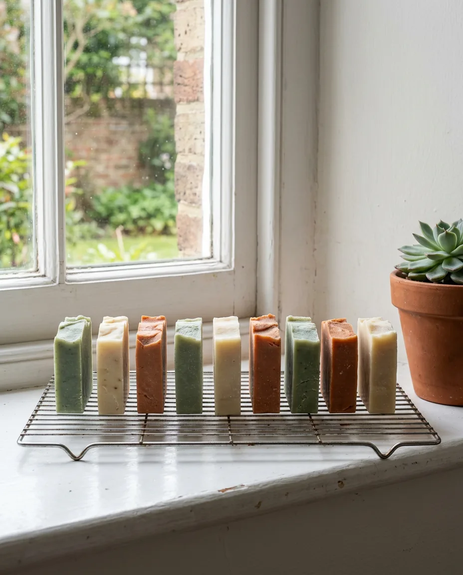 Nine handmade soap bars in sage green, terracotta orange and cream standing on edge in a row on a wire cooling rack on a white painted windowsill, with a succulent in a terracotta pot beside them