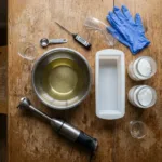 Overhead view of a beginner soap making workbench with a bowl of oils, a silicone loaf mould, a stick blender, goggles, gloves and two unlabelled glass jars