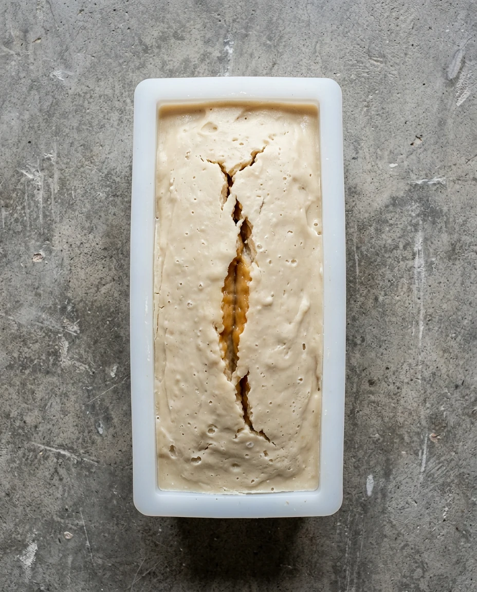 Overhead view of a cream-coloured soap loaf in a white silicone mould, split by a long jagged crack with a darker amber ring visible through the centre