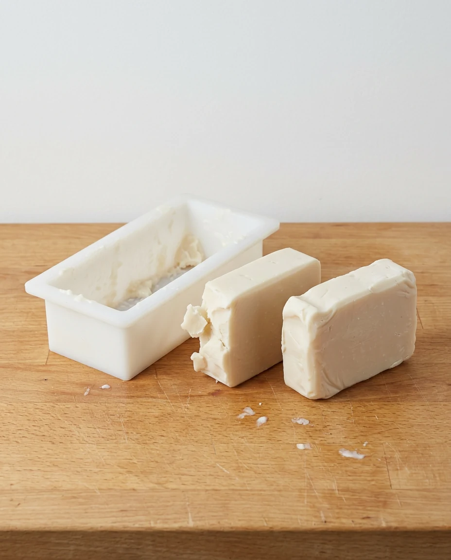 Two pale handmade soap bars turned out of a white silicone mould too early, edges dented and torn, with soft soap still clinging inside the empty mould