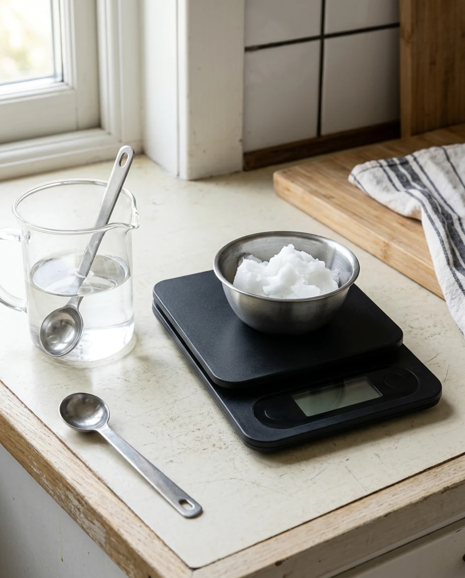 Solid white coconut oil in a small stainless steel bowl on a plain black digital kitchen scale, beside a glass jug of water on a kitchen counter