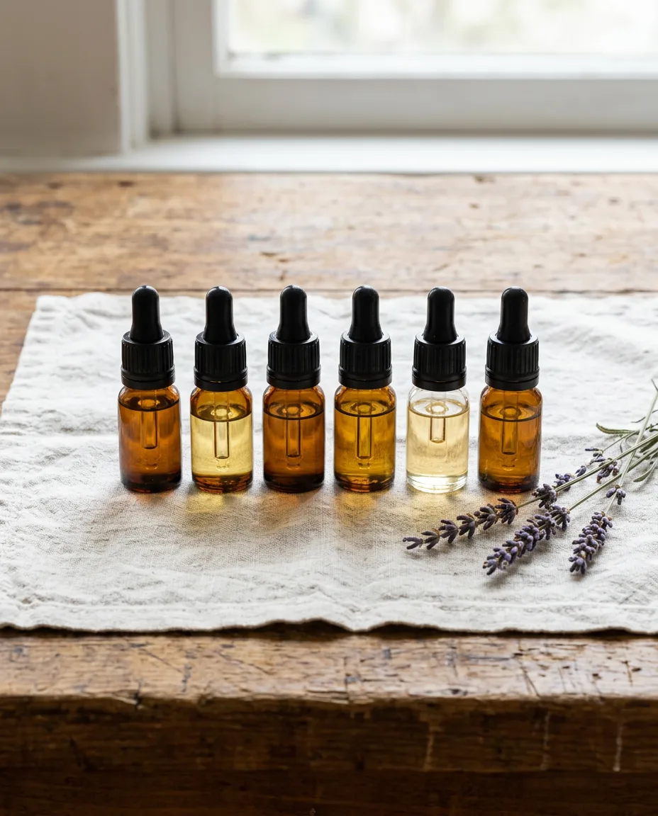 Small amber dropper bottles of essential oils lined up on a linen cloth