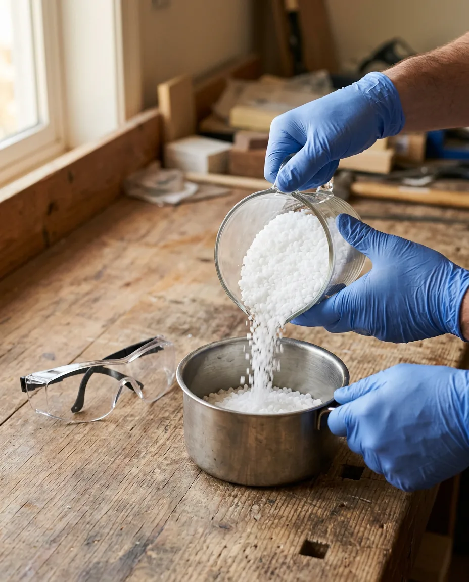 Gloved hands pouring lye beads into a container on a workbench with safety goggles nearby