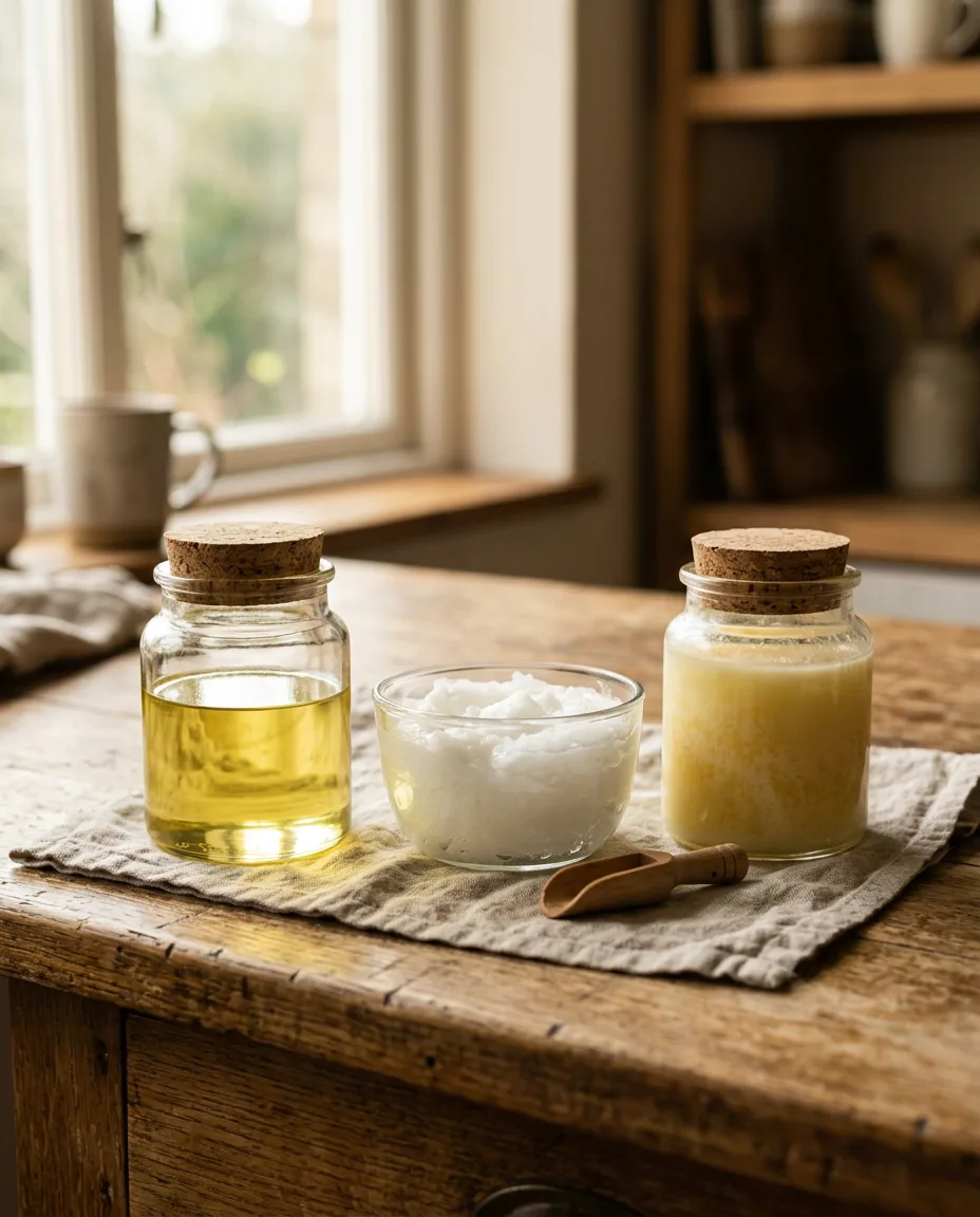 Glass jars of olive oil, coconut oil, and palm oil arranged on a wooden countertop