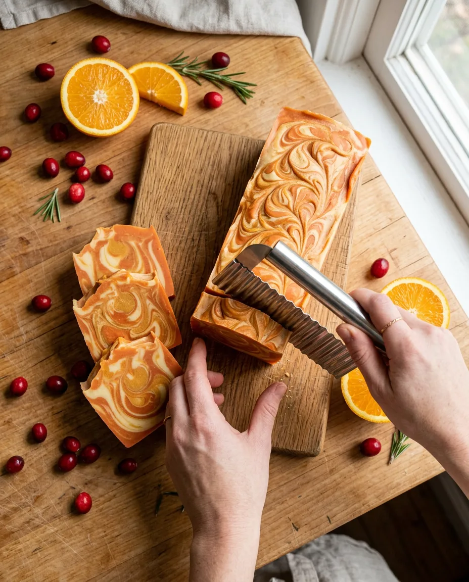 Loaf of orange-swirled soap being sliced into bars with a wavy crinkle cutter, fresh cranberries and a halved orange scattered nearby