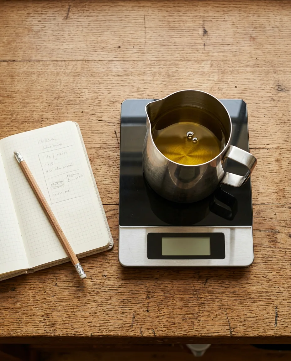Overhead view of a digital kitchen scale weighing golden oil in a stainless steel pitcher on a wooden workbench