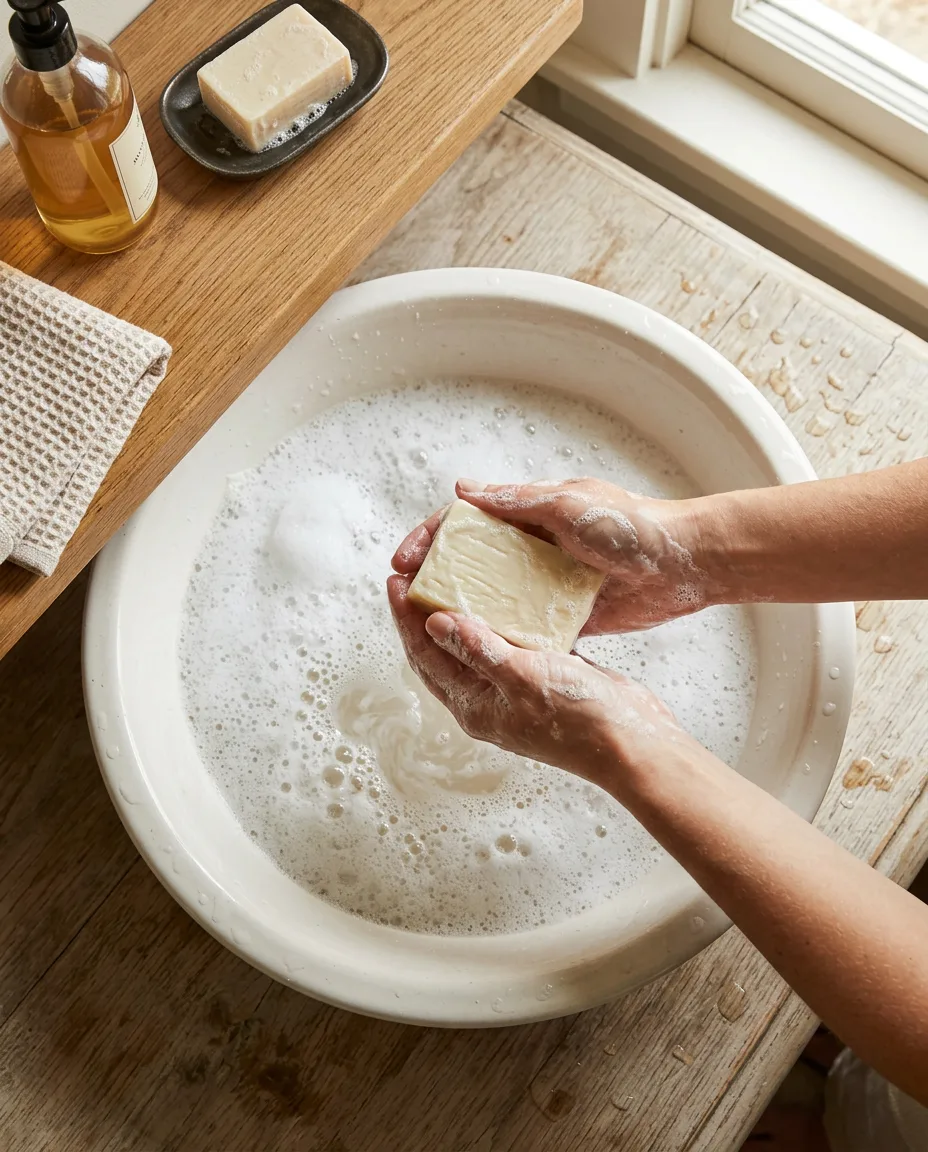 Overhead view of pale soap lather being worked up in cupped hands over a ceramic basin