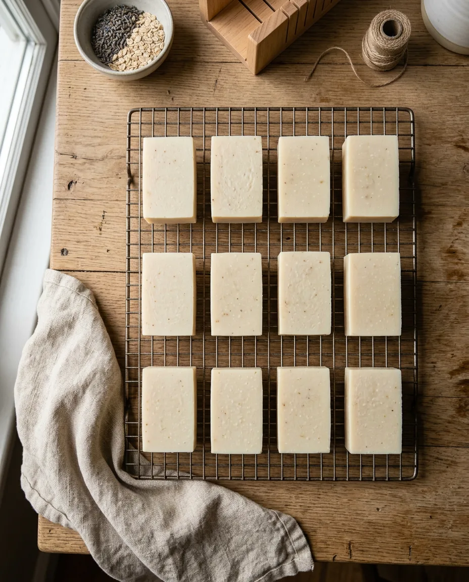 Overhead view of pale soap bars resting in neat rows on a wire drying rack