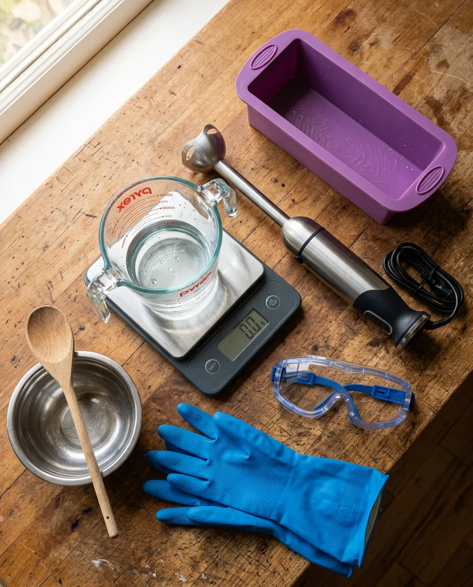 Overhead flat lay of basic soap making equipment: a scale, stick blender, heatproof pitcher, silicone mold, gloves and goggles on a wooden table