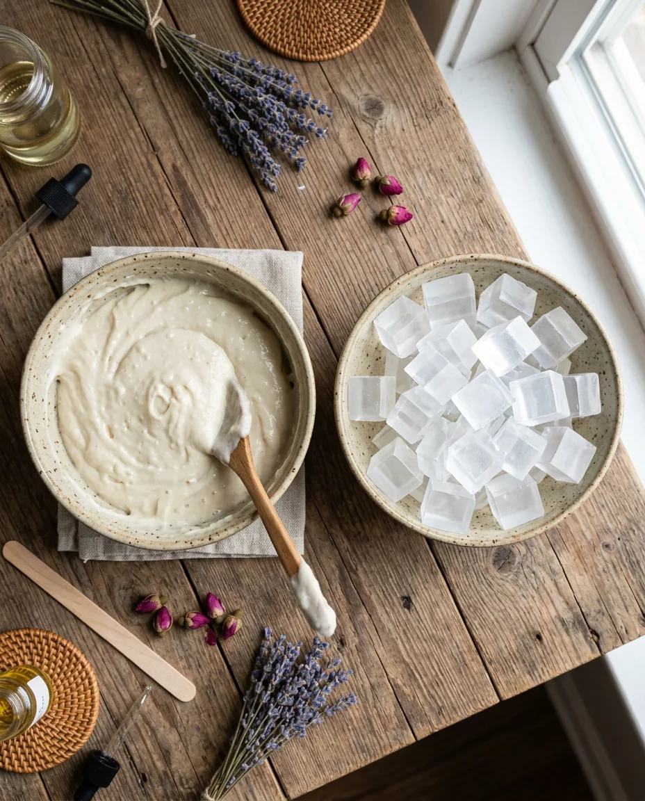 Overhead view comparing raw cold process soap batter in one bowl and clear melt-and-pour base cubes in another bowl, side by side
