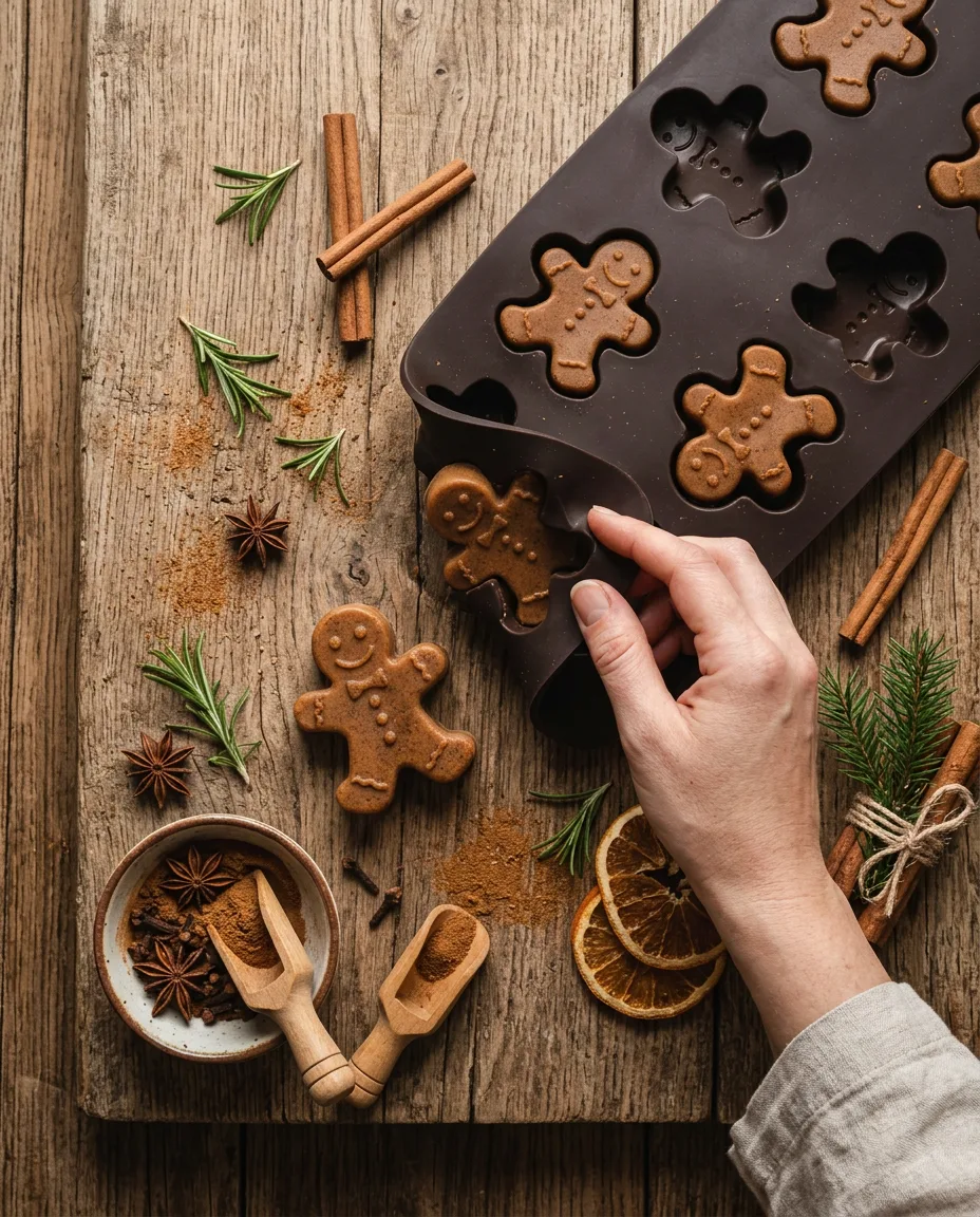 Overhead view of brown gingerbread-man shaped soap bars being unmolded from a silicone mold onto a wooden board