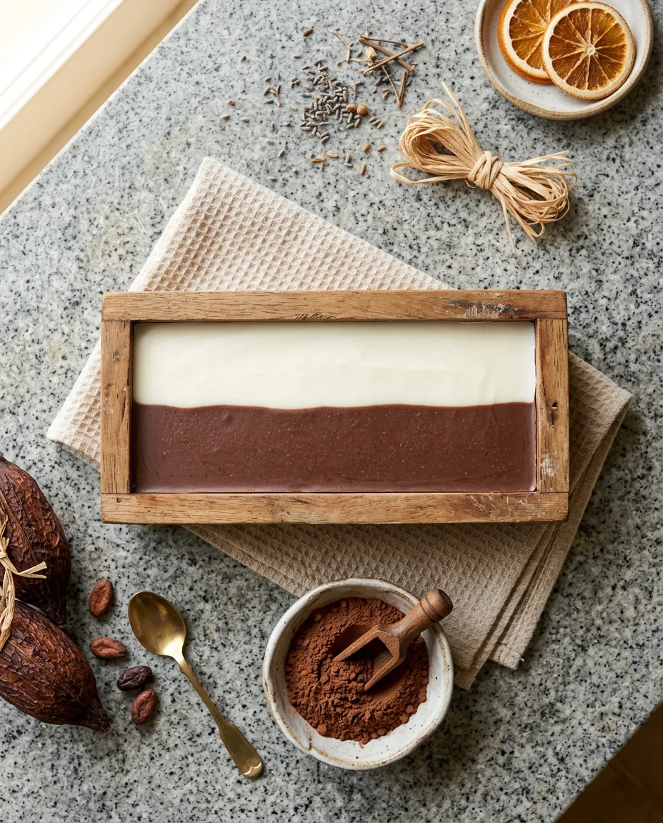 Overhead view of a two-layer chocolate brown and white soap bar in a loaf mold on a kitchen counter