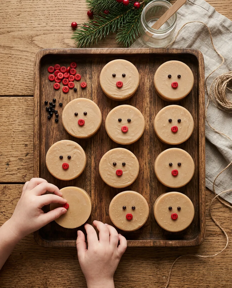Overhead view of round tan soap bars with mini chocolate-chip eyes and a red pom-pom nose pressed into the surface