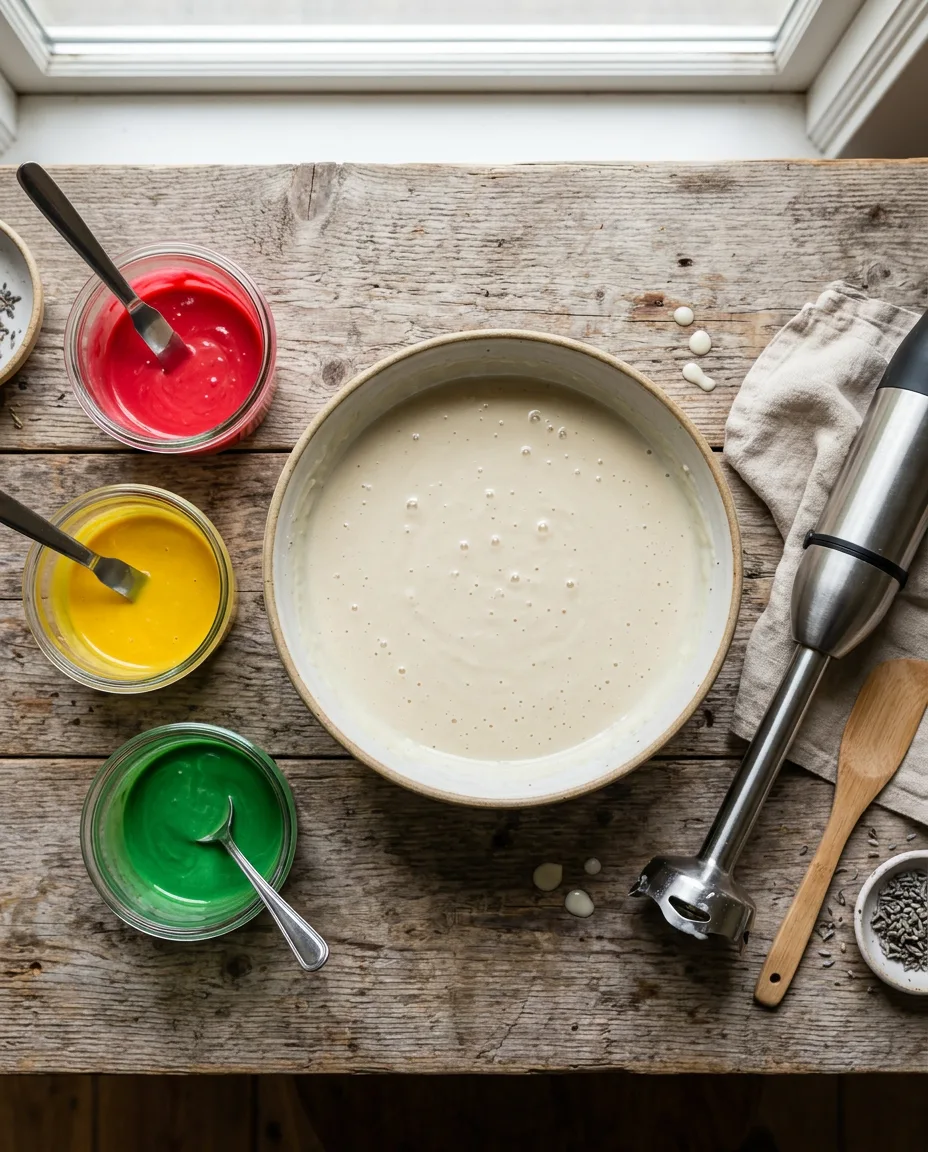 Overhead view of small cups of tinted soap batter in red, yellow and green next to a larger bowl of pale uncolored base