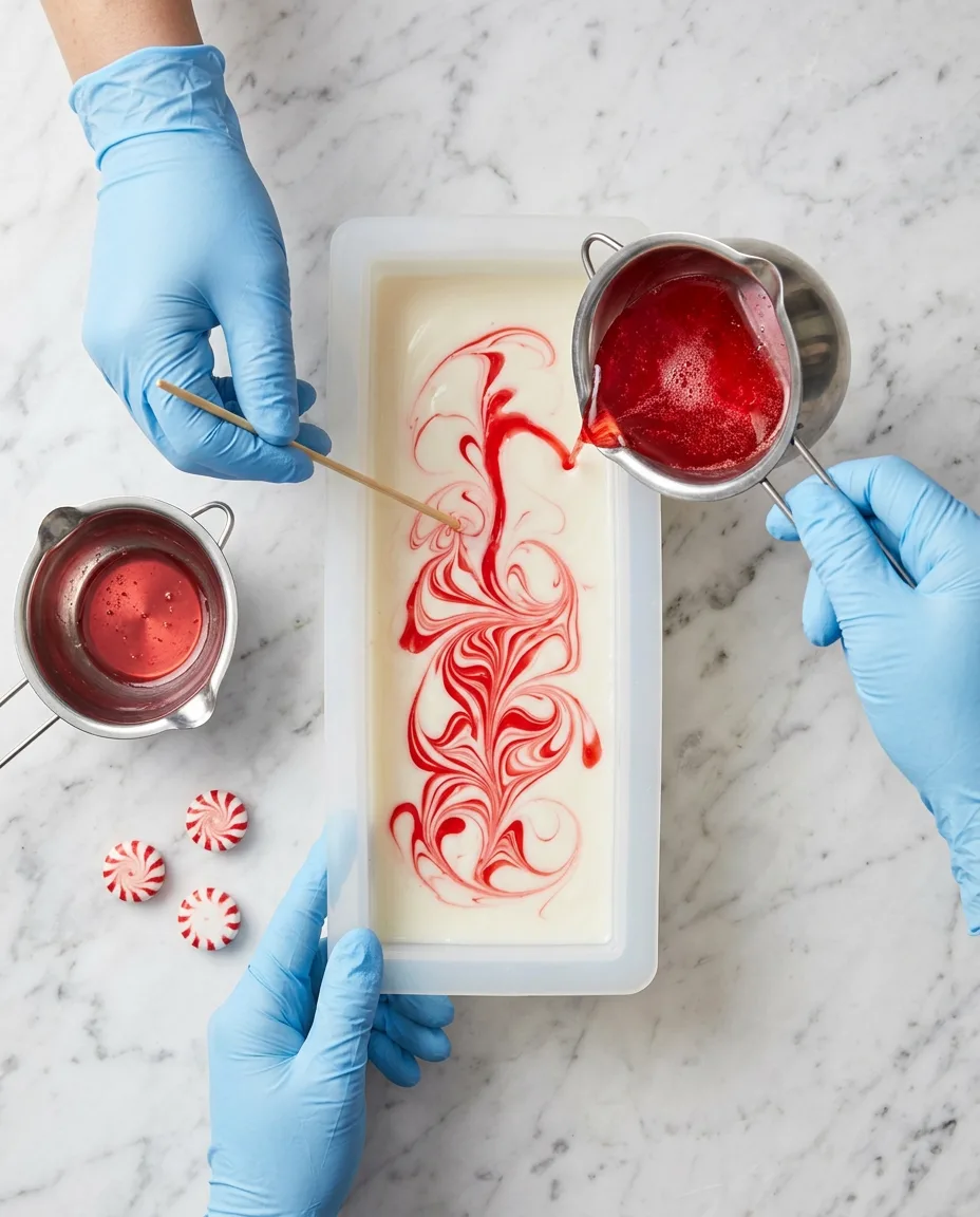 Red and white swirled peppermint soap batter being poured into a rectangular mold with a skewer swirling the colors