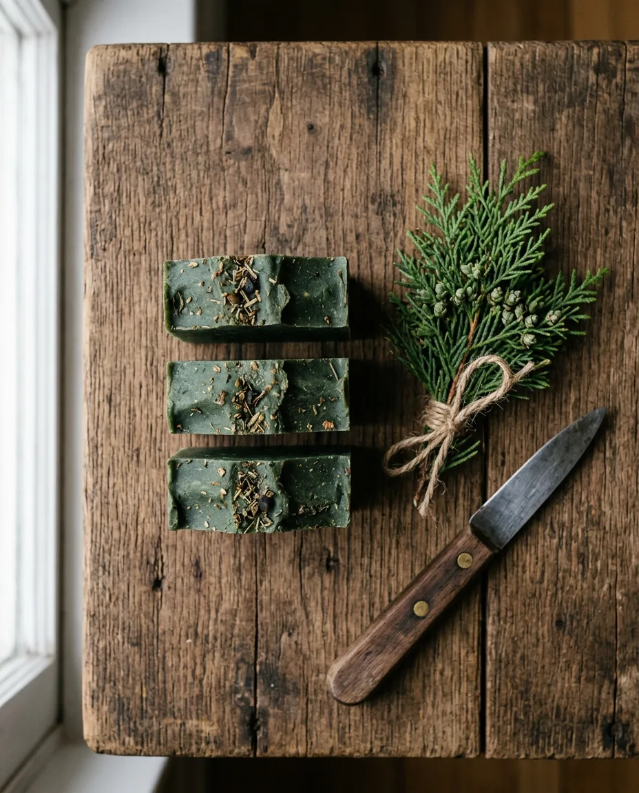 Stack of dark green soap bars flecked with dried herbs on a rustic wood board next to a bundle of fresh cedar sprigs