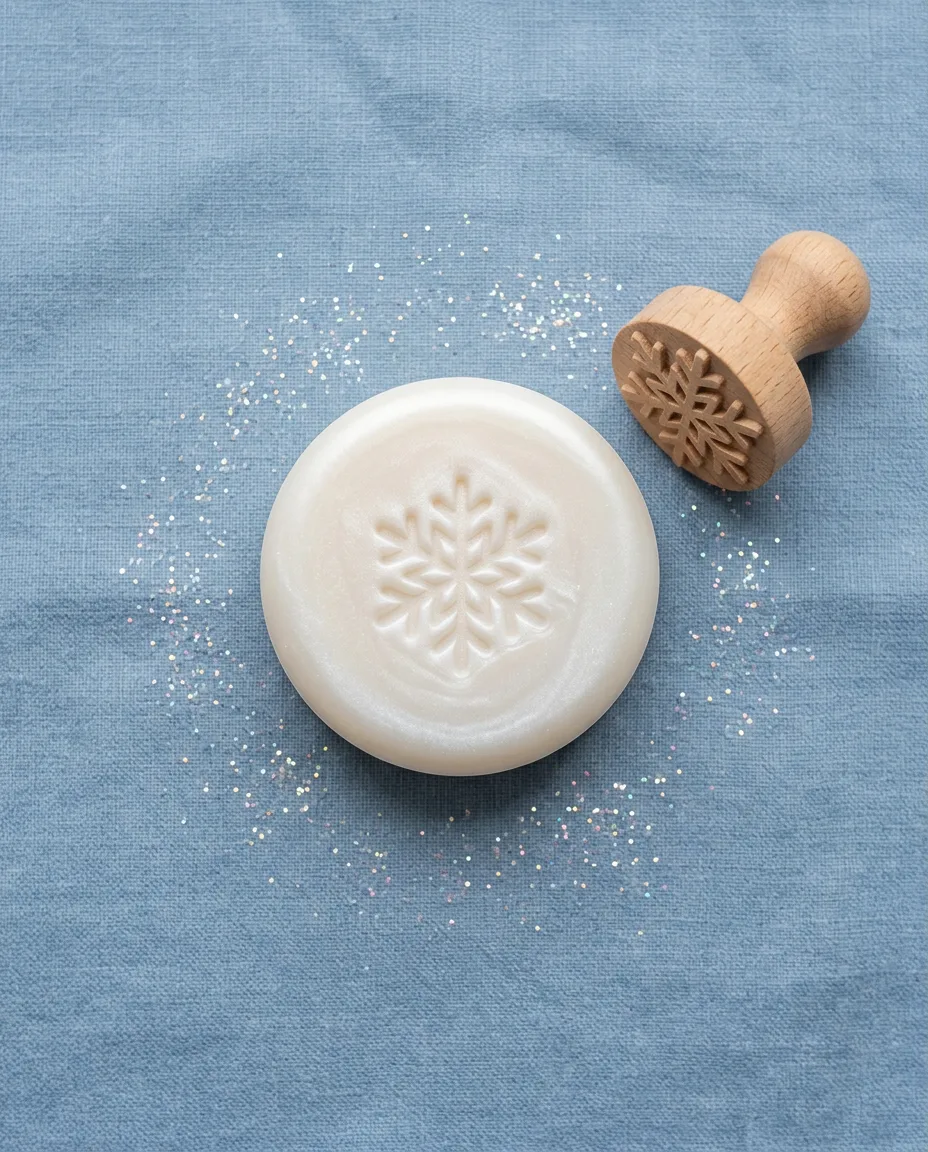 Finished white soap bar with a pressed snowflake shape on top, resting on blue fabric with a wooden stamp tool nearby